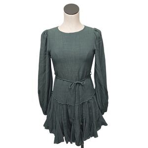 Hello Molly Womens Green Ruffle Hem Waist Tie Dress Size Small Puff Sleeve